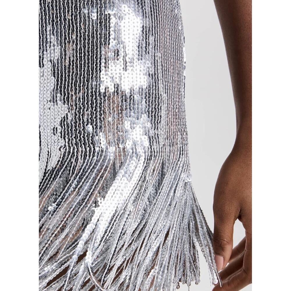 LIKELY Silver Sequin Fringe Mini Dress Cocktail Party Dress Size 10 - Picture 2 of 10
